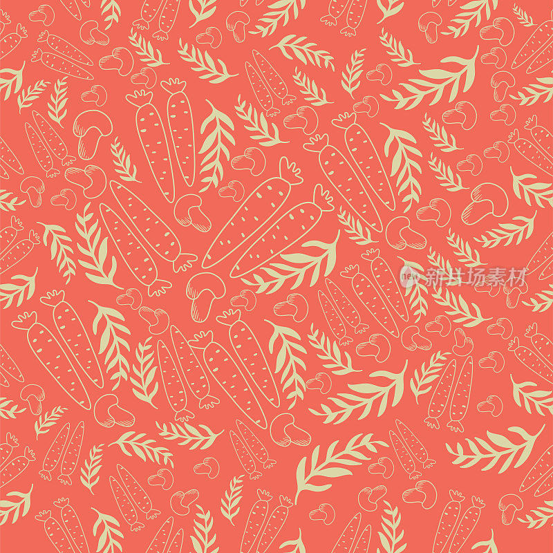 Cute seamless pattern on a pink background with carrots, mushrooms and mint. Hand drawing of carrots and mushrooms. Texture for scrapbooking, wrapping paper, invitations. Vector illustration.